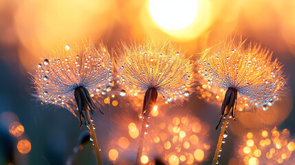 enchanting display of dew drops on dandelion seeds at sunrise reveals delicate orbs delicate seeds and captivating charm of a dandelion in early morning