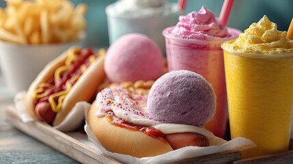 Soda overload fast food with sugar, and salt mix concept. Colorful assortment of tasty snacks, perfect for summer enjoyment.