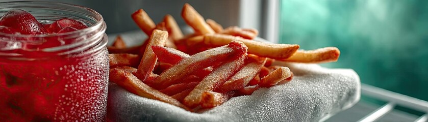 Processed meals contain greasy calories and salty soda taste concept. Golden crispy fries served with refreshing drink in a cozy setting.