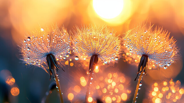 enchanting display of dew drops on dandelion seeds at sunrise reveals delicate orbs delicate seeds and captivating charm of a dandelion in early morning