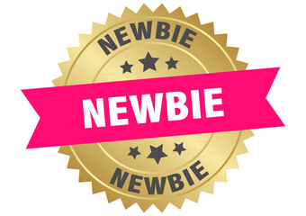 newbie. newbie round pink and gold label isolated on transparent background