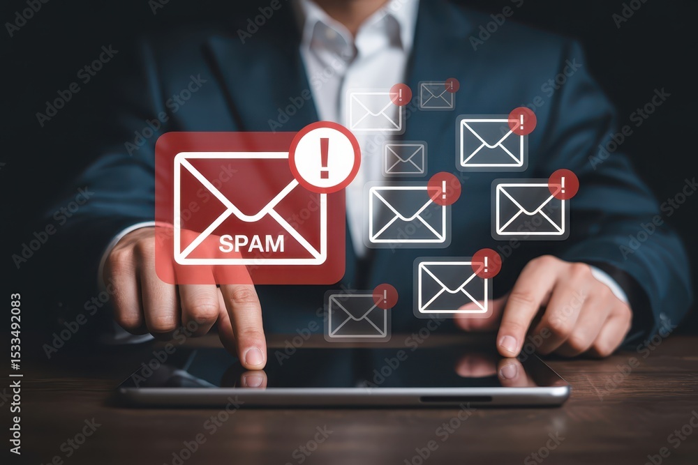 Poster a person interacts with a tablet displaying spam emails.