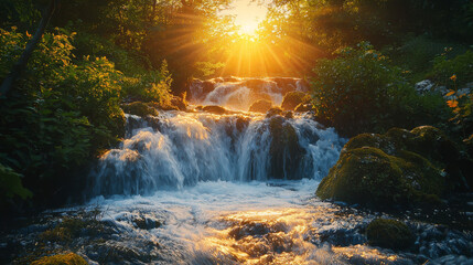 ephemeral cascade of a sunset waterfall, epitomizing notion that each twilight's closure presents a chance to contemplate and revere marvels of natural realm