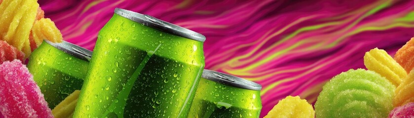 Soda overload fast food with sugar, and salt mix concept. Vibrant arrangement of colorful candies and fizzy drinks.