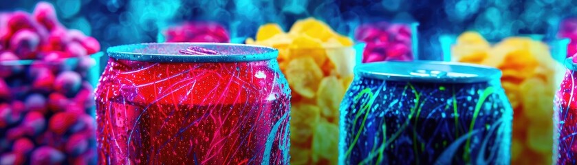 Soda overload fast food with sugar, and salt mix concept. Colorful drinks in jars, showcasing vibrant hues and refreshing appeal.