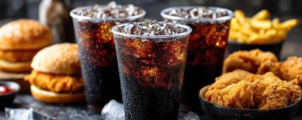 Soda overload fast food with sugar, and salt mix concept. Delicious fast food meal with soda, burgers, and crispy chicken.