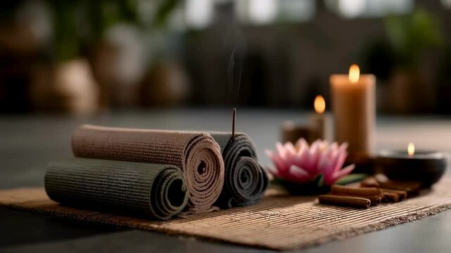 Serene Yoga Studio Setup Rolled Mats, Incense, Candles, and Lotus Flower