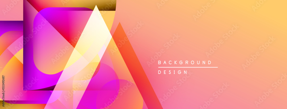 Poster abstract geometric shapes overlap, creating vibrant color gradients. warm tones dominate right side,