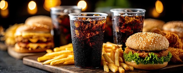 Soda overload fast food with sugar, and salt mix concept. Delicious fast food including burgers, fries, and drinks.