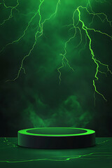 Dramatic green lightning striking in a dark stormy sky above a circular podium with smoke