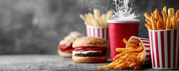 Soda overload fast food with sugar, and salt mix concept. Delicious fast food with burger, fries, and soda on a table.