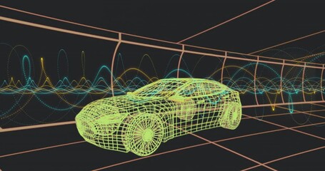 On start, neon green sports car wireframe staying centered as data waveforms pulsating for data viz - Powered by Adobe
