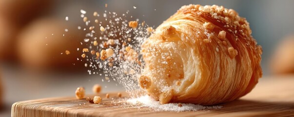 Greasy bites snack with taste and salt overload concept. A close-up of a flaky croissant with sugar sprinkles on a wooden board.