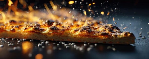 Greasy bites snack with taste and salt overload concept. Delicious pizza slice with crispy crust and melted cheese.