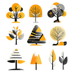 Highly detailed illustrations of various trees, leaves, grasses, and botanical elements, featuring realistic, minimalist, and abstract compositions on a white background.
