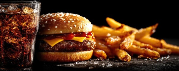 Soda overload fast food with sugar, and salt mix concept. Delicious hamburger with fries and a refreshing cola on a table.