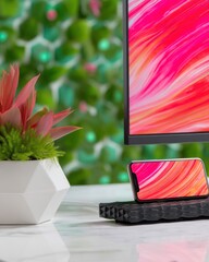 Modern Cable Free Workspace with Pink and Red Accents