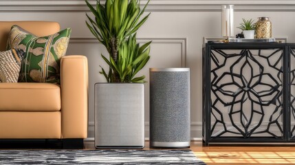 Modern Air Purifier and Wireless Speakers in Living Room