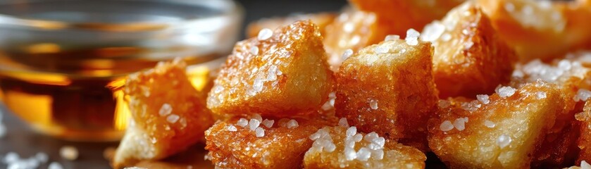 Greasy bites snack with taste and salt overload concept. Delicious golden fried potatoes topped with sea salt.