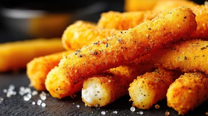 Greasy bites snack with taste and salt overload concept. Delicious, crispy cheese sticks served with salt and spices.
