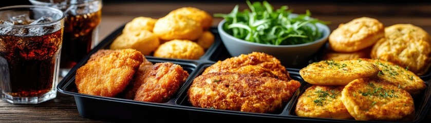 Processed meals contain greasy calories and salty soda taste concept. Delicious assortment of fried snacks with drinks and green salad.