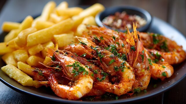 Delicious Plate of Crispy Fried Shrimp with Golden French Fries and Seasoning