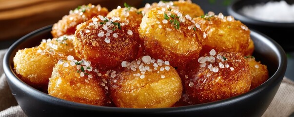Greasy bites snack with taste and salt overload concept. Delicious, golden crispy treat topped with salt and herbs.