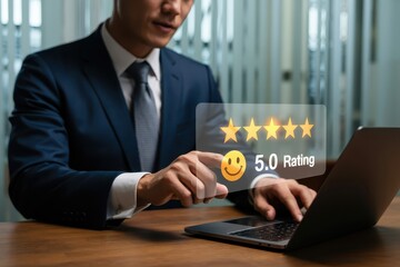 Businessperson interacting with a 5.0 rating overlay on a laptop.
