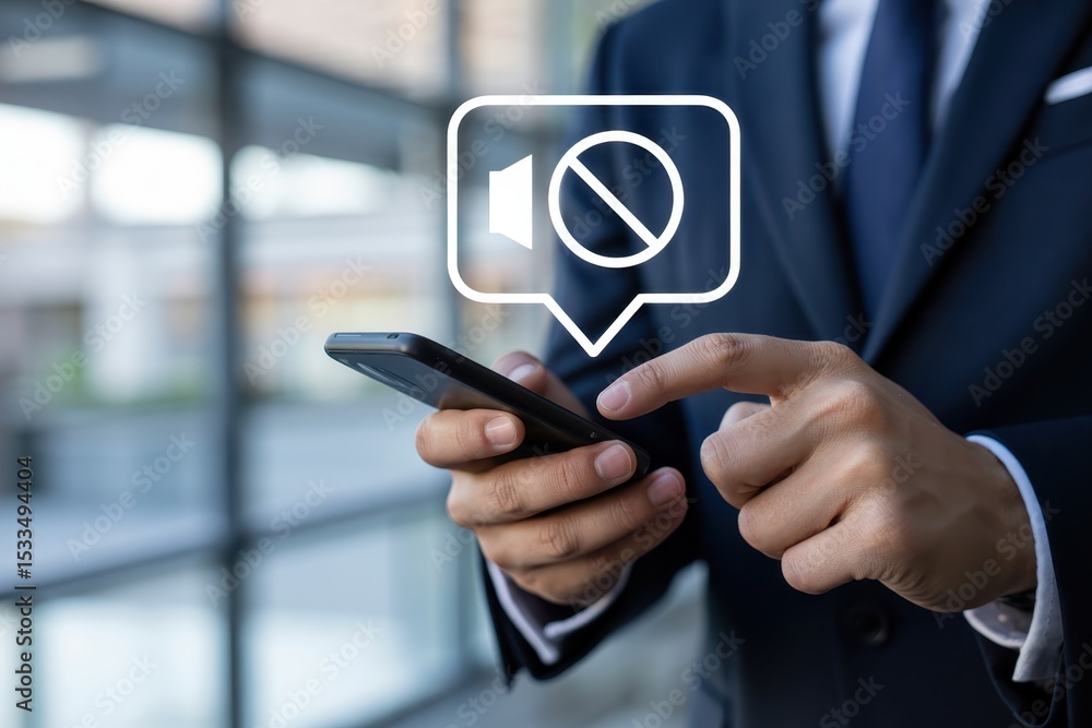 Poster a person using a mobile phone with a mute notification displayed.
