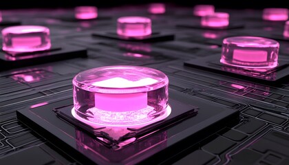 Illuminated pink buttons on a circuit board.