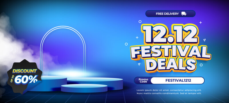 12.12 December festival Shopping day Sale discount deals dynamic mix blue gradient Editable text effect Horizontal banner Promotion template