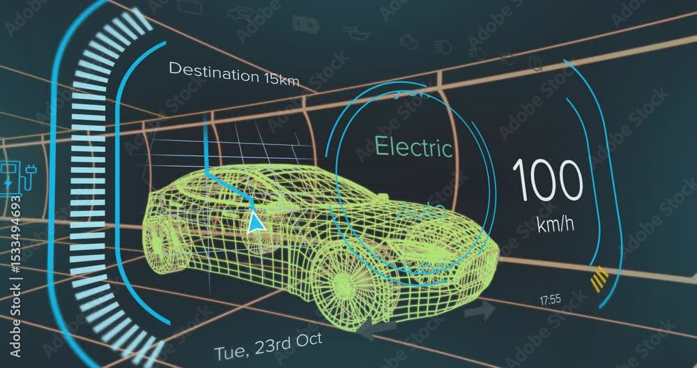 Poster on mode change 3d wireframe sedan following route while speeding and switching modes for guidance