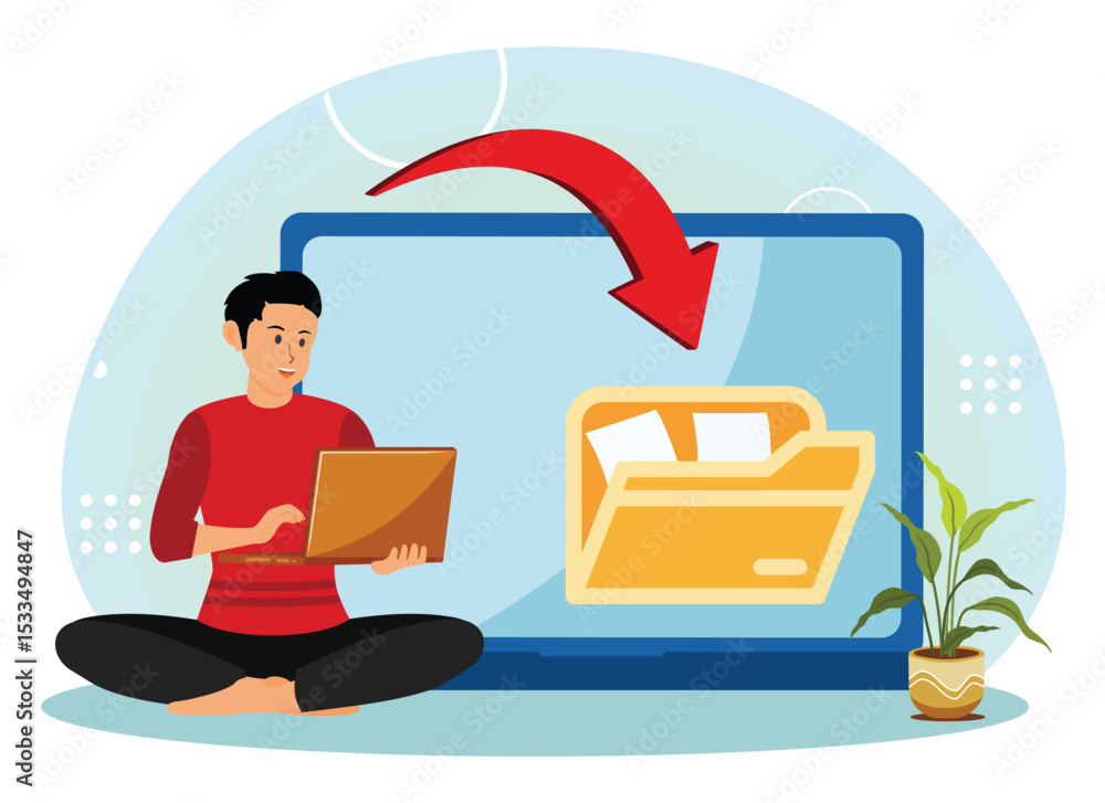 Aufkleber digital transformation. man uploading documents to online folder using laptop.