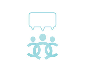 A team engaged in discussion and exchanging ideas, represented by a speech bubble logo