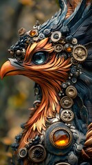 Fototapeta premium Close-up of a jeweled mechanical phoenix with intricate gears and gems