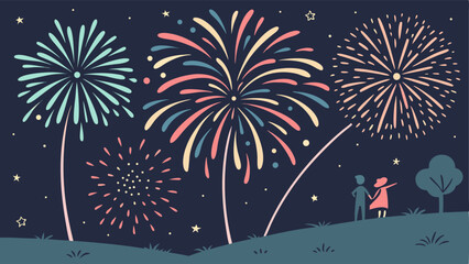 A festive night scene with colorful fireworks illuminating the sky above a couple watching together happily
