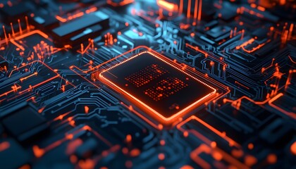 Close-up view of a circuit board with a highlighted processor.