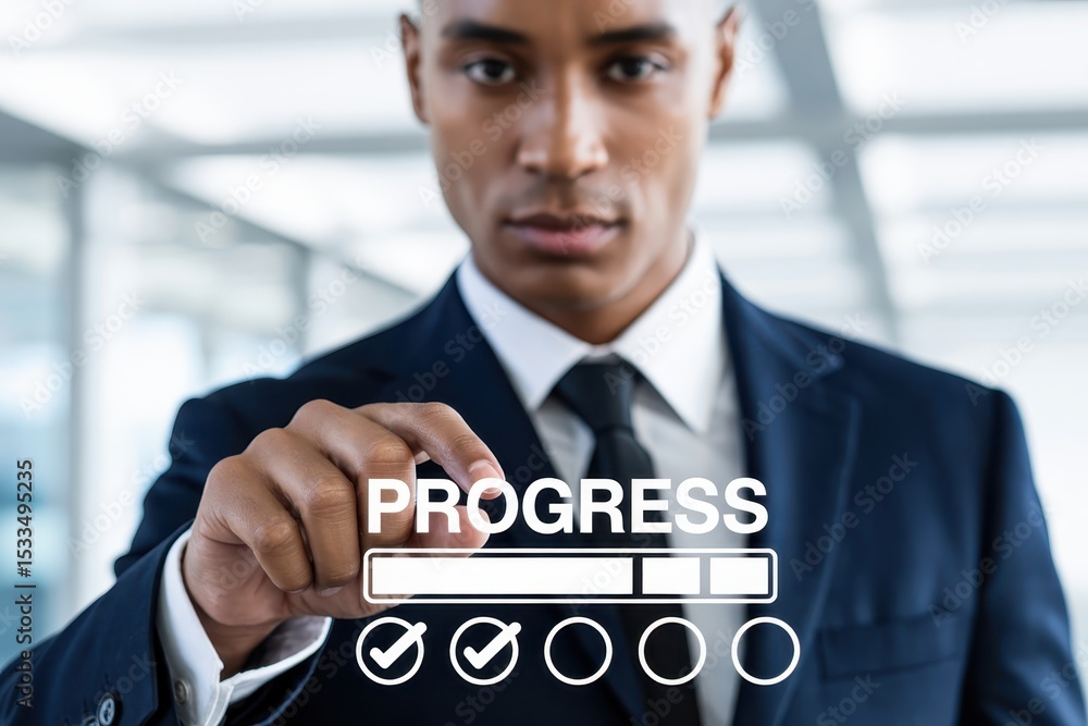 Poster businessman touching a progress bar interface.