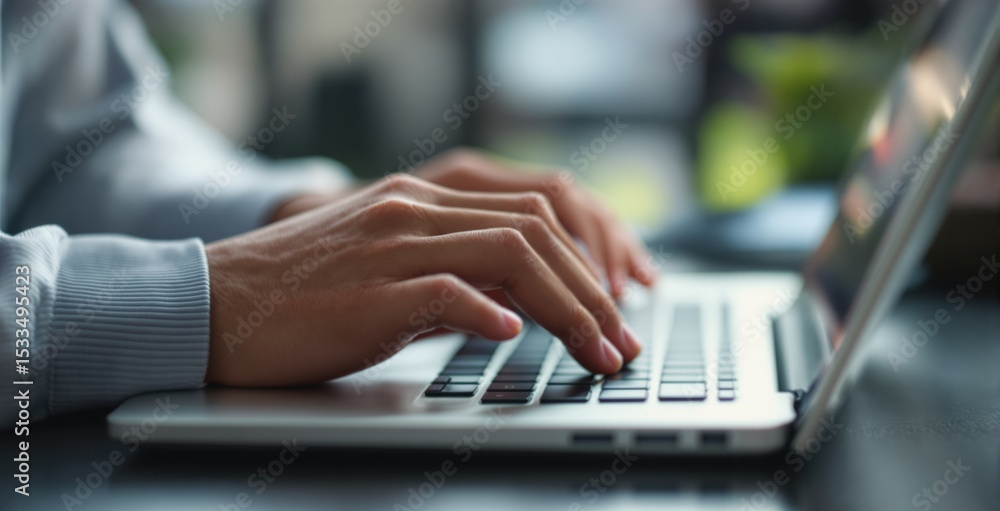 Poster close-up of person typing on laptop keyboard in modern workspace with soft lighting and blurred back