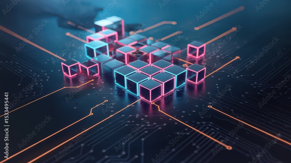 Poster quantum computing structure concept with neon lights, modern technology background