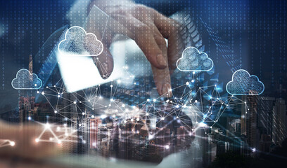 Cloud computing and smart city concept. Cloud technology with internet network connection, data...