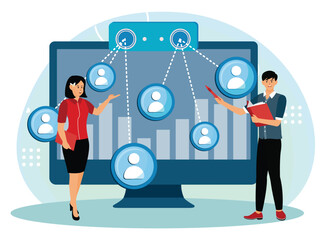 People counter system concept. Professionals count the number of people using computers.