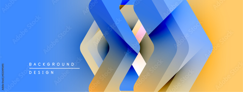 Poster Abstract geometric shapes overlap, creating dynamic gradient effect. Blue transitions to yellow, modern design elements present.