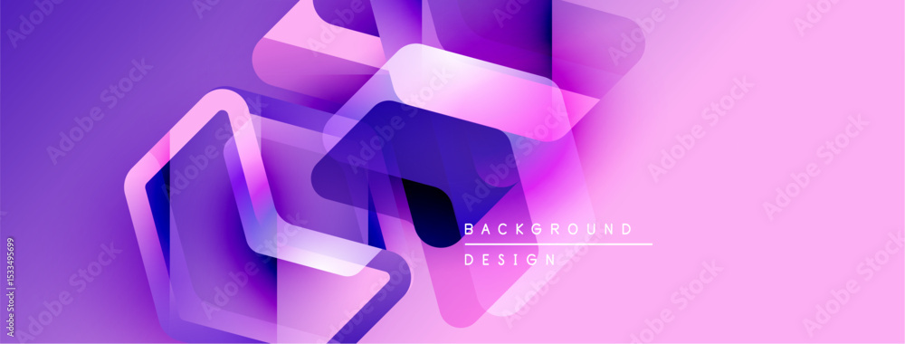 Poster abstract geometric shapes overlap, creating vibrant purple, pink gradients. modern design elements s