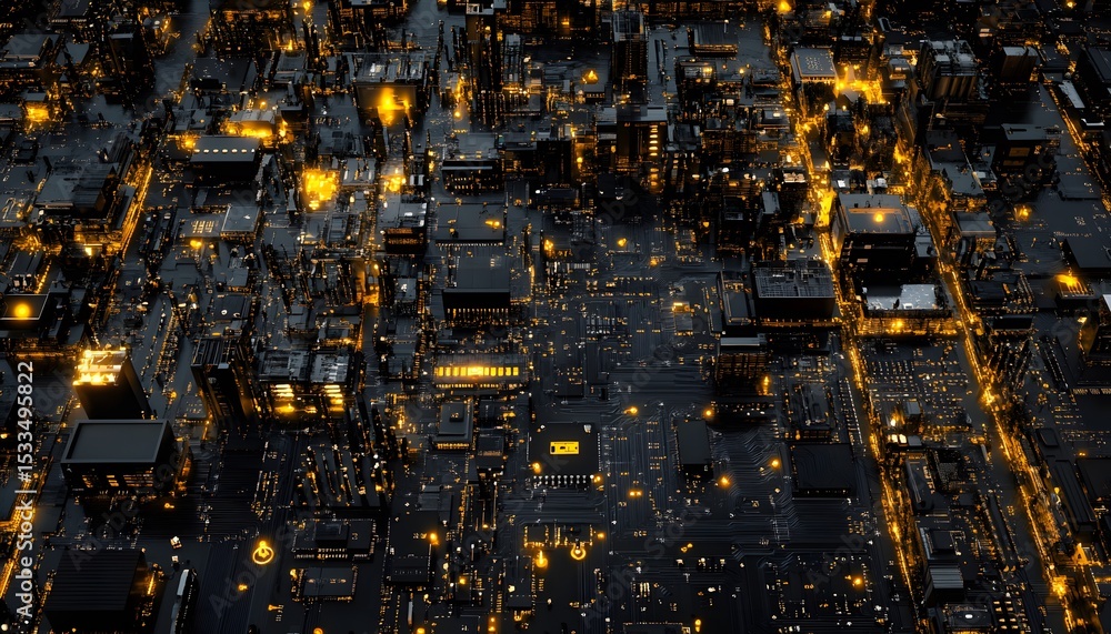 Poster abstract cityscape of illuminated circuit board structures.