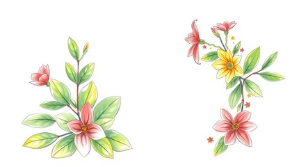 Fototapeta premium Delicate floral arrangements featuring pink and yellow flowers are accompanied by lush green leaves. The blossoms are artistically positioned to create a harmonious and elegant composition.