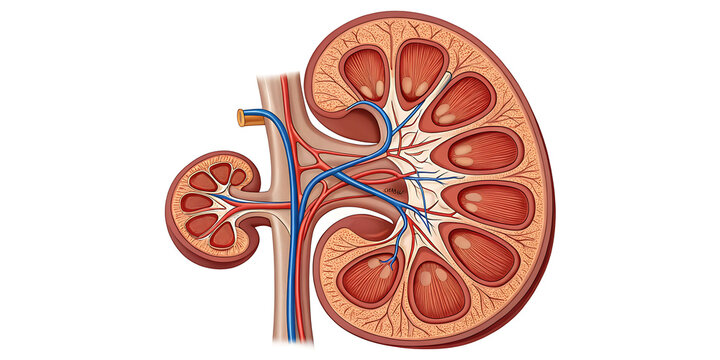 anatomy of the human kidney close up on white background