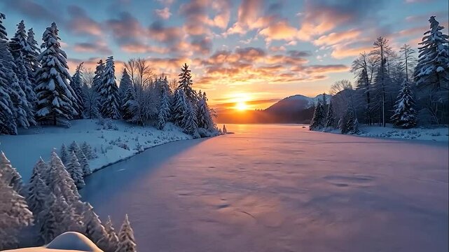 Majestic winter sunset casting vibrant colors over snow-laden landscape
