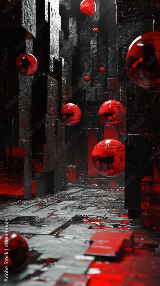 Aufkleber surreal volumetric scene with floating orbs and geometric structures illuminated by red lights