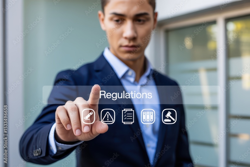 Poster businessman interacting with a digital search interface displaying the word 